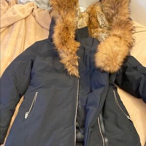 Mackage Black and Brown Puffer Jackets with Fur Trim